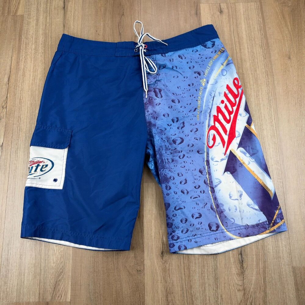 Miller Lite Men's Large L Blue Design Logo Board Shorts Trunks Swimwear